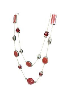 Station Necklace Multistrand Red Enamel Faceted Bead Costume Jewelry 32" Elegant